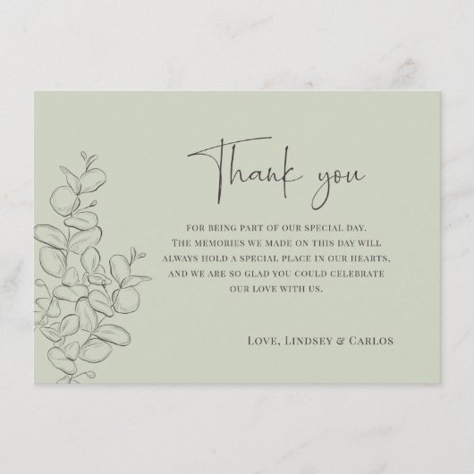 Minimalist handdrawn leaves green script wedding dankeskarte (Vorderseite)