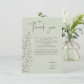 Minimalist handdrawn leaves green script wedding dankeskarte (Stehend Vorderseite)