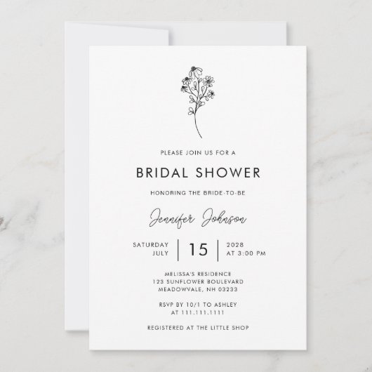 Minimalist Handwritten Script Floral Bridal Shower Einladung (Vorderseite)