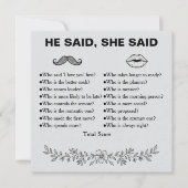 Minimalist He Said She Said Wedding Game Karte (Vorderseite)