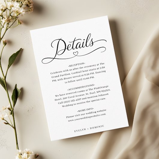 Minimalist Heart Script Wedding Details Begleitkarte