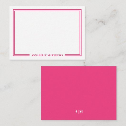 Minimalist Hot Pink Two Border Monogram Mitteilungskarte (Vorne/Hinten)