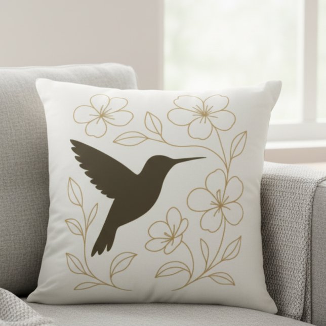 Minimalist Hummingbird & Floral Decorative Pillow Kissen (Botanical hummingbird decorative pillow)