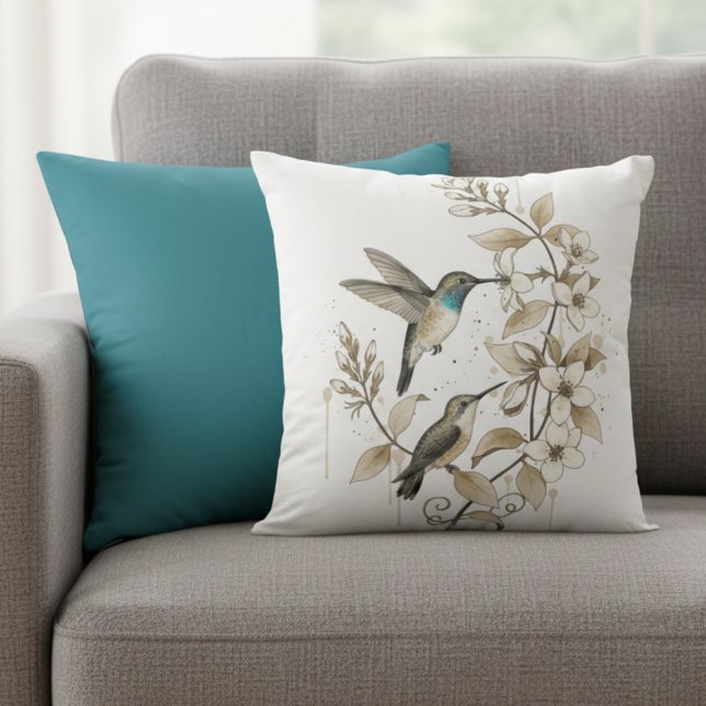 Minimalist Hummingbird & Floral Decorative Pillow Kissen (Minimalist hummingbird decorative pillow)