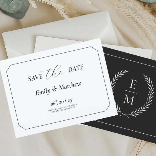 Minimalist Laurel Monogram Wedding Save The Date Ankündigungspostkarte