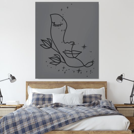 Minimalist Line Art Face with Stars | Elegant Femi Leinwanddruck (Insitu (Schlafzimmer))