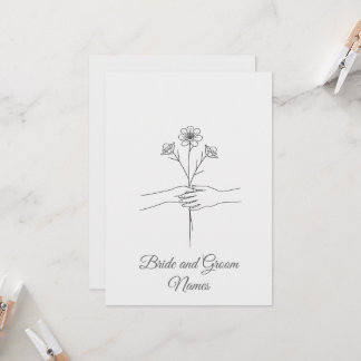 Minimalist Line Art Hands holding Flowers Wedding  Einladung