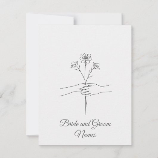 Minimalist Line Art Hands holding Flowers Wedding RSVP Karte (Vorderseite)