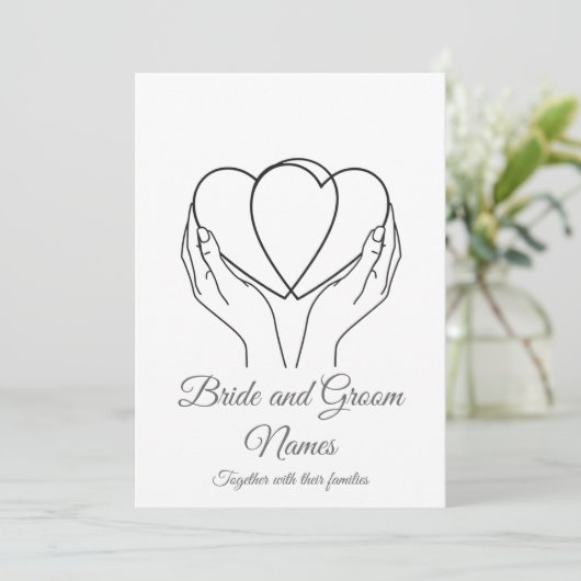 Minimalist Line Art Hearts & Hands Grey Wedding In Einladung (Stehend Vorderseite)