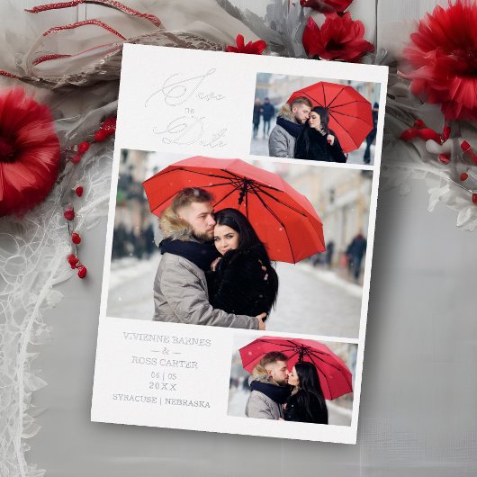 Minimalist Luxury 3 Photos Wedding Silver  Folieneinladung