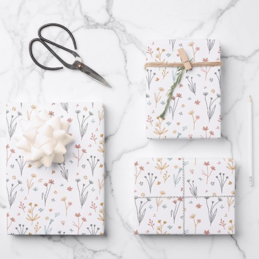 Minimalist Meadowcore Neutral Wildflowers Pattern Geschenkpapier Set (Vorderseite)