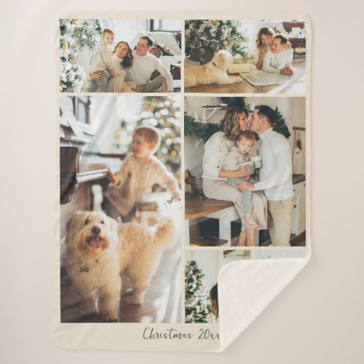 Minimalist Merry Christmas Script 5 Photo Collage  Sherpadecke (Vorderseite)