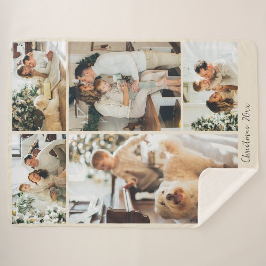 Minimalist Merry Christmas Script 5 Photo Collage  Sherpadecke (Vorderseite (Horizontal))