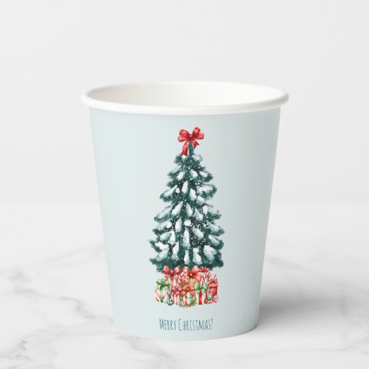 Minimalist Merry Christmas Snowy Pine Tree Pappbecher (Rückseite)