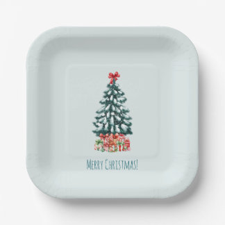 Minimalist Merry Christmas Snowy Tree Pappteller