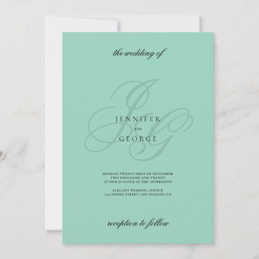 Minimalist mint green monogram initials wedding  einladung (Vorderseite)