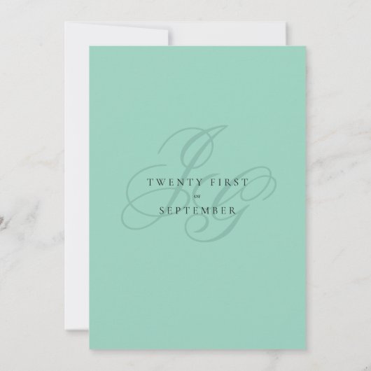 Minimalist mint green monogram initials wedding einladung (Rückseite)