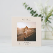 Minimalist Modern Boho Beige Square Photo Wedding Save The Date (Stehend Vorderseite)