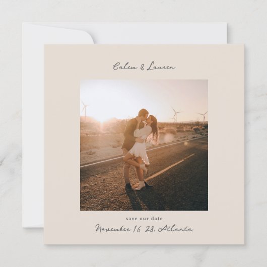 Minimalist Modern Boho Beige Square Photo Wedding Save The Date (Vorderseite)