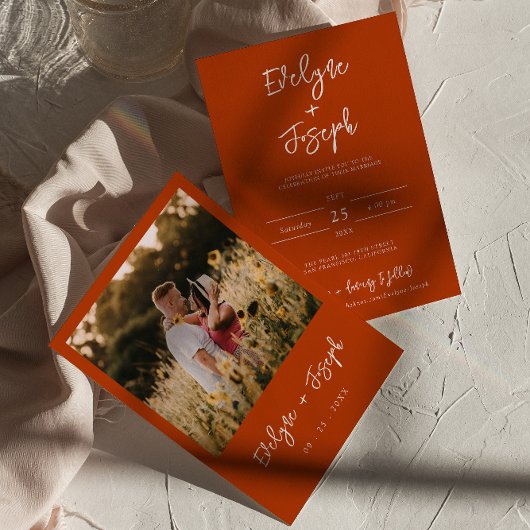 Minimalist Modern Burnt Orange Photo Boho Wedding Einladung