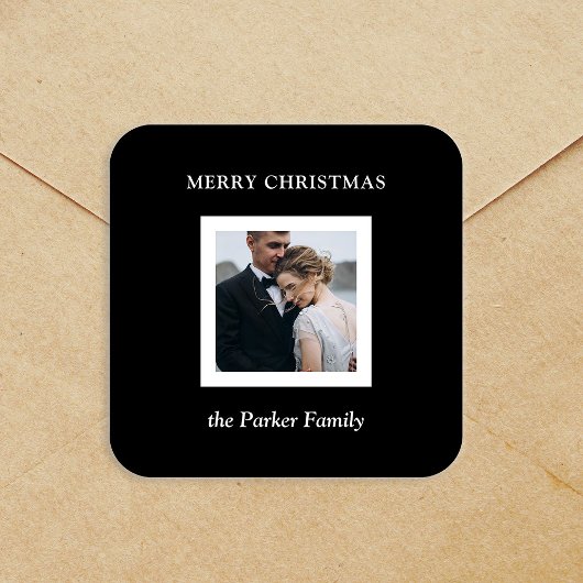 Minimalist Modern Christmas Black with Photo Quadratischer Aufkleber