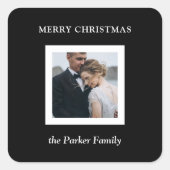 Minimalist Modern Christmas Black with Photo Quadratischer Aufkleber (Vorderseite)