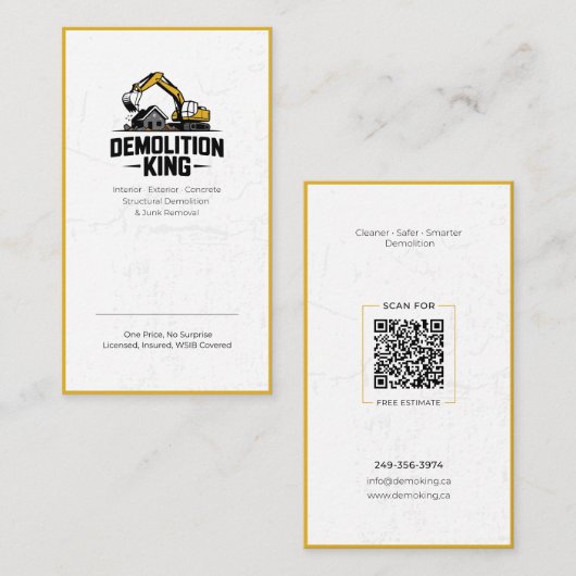 Minimalist Modern Demolition King Business Card Visitenkarte (Vorne/Hinten)