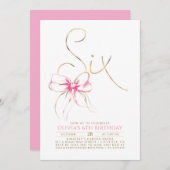 Minimalist Modern Elegant Pink Bow 6th Birthday Einladung (Vorne/Hinten)