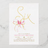 Minimalist Modern Elegant Pink Bow 6th Birthday Folieneinladung (Vorderseite)