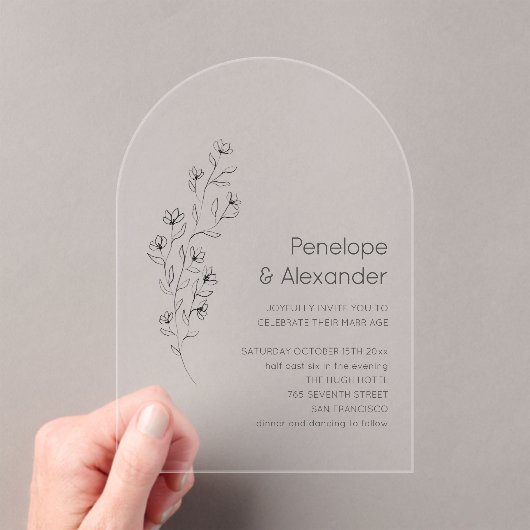 Minimalist Modern Floral Sketch Elegant Wedding Acryleinladungen (Insitu (Handheld))