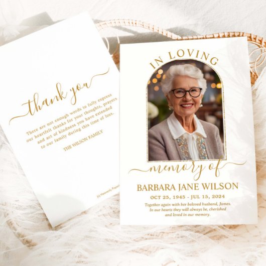Minimalist Modern Gold Arch Photo Funeral Memorial Dankeskarte