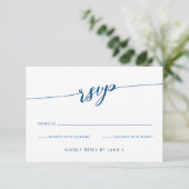 Minimalist Modern Navy Blue Script RSVP Card (Stehend Vorderseite)