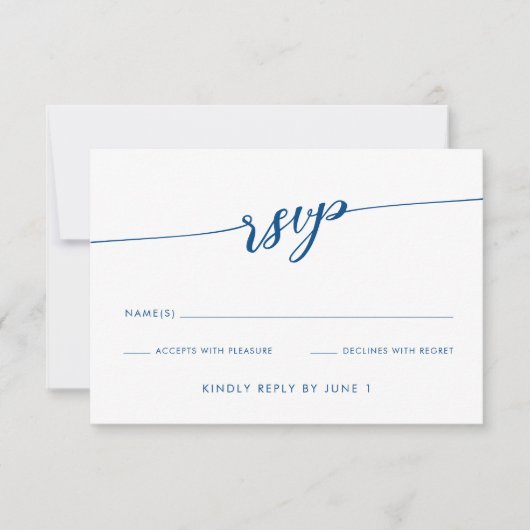 Minimalist Modern Navy Blue Script RSVP Card Karte (Vorderseite)