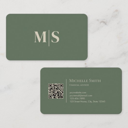 Minimalist Modern Olive Green Initials QR Code Visitenkarte (Vorne/Hinten)