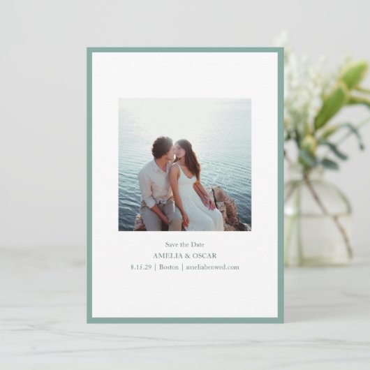 Minimalist Modern Photo Stylish Sage Green Blue Save The Date (Stehend Vorderseite)
