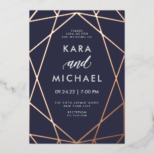 Minimalist Modern Rose Gold auf Dunkelblau Hochz Folieneinladung