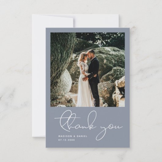 Minimalist Modern Script Photo Simple Blue Wedding Dankeskarte (Vorderseite)