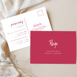 Minimalist Modern Script Wedding Meal Choice RSVP Postkarte<br><div class="desc">These elegant, minimalist wedding response postcards feature modern script typography and clean, sans serif text for a simple and stylish magenta red and white design you will love. There is room to add your guests options for meal choice of entrée or dinner choice. Text is kept away from the top...</div>