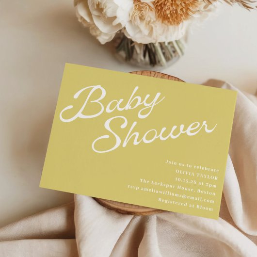 Minimalist Modern Yellow Retro Script Baby Shower Einladung
