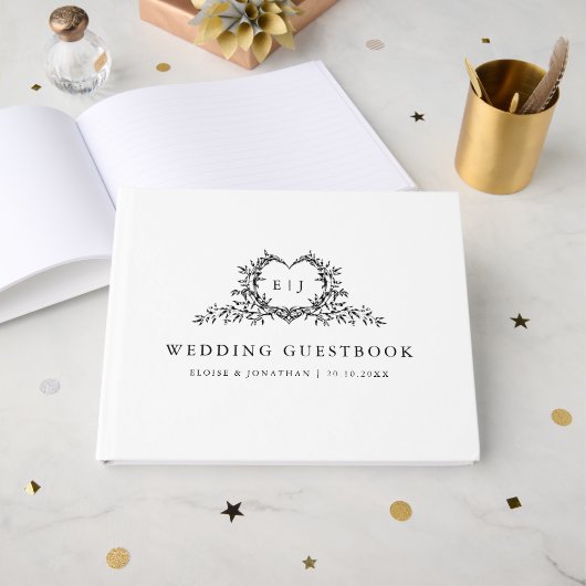 Minimalist Monogram Calligraphy Crest Wedding Gästebuch (Vorderseite Offen)