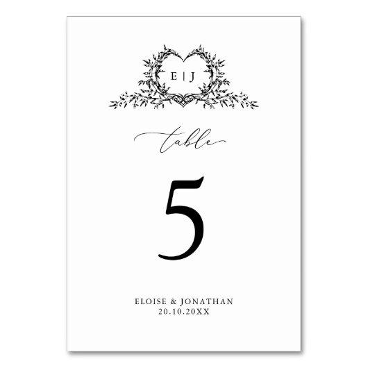 Minimalist Monogram Calligraphy Crest Wedding Tischnummer (Vorderseite)