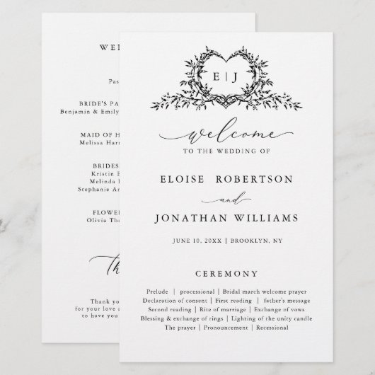 Minimalist Monogram Calligraphy Wedding Program (Vorne/Hinten)