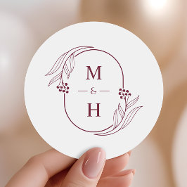 Minimalist Monogram Elegant Burgundy Wedding Favor Runder Aufkleber