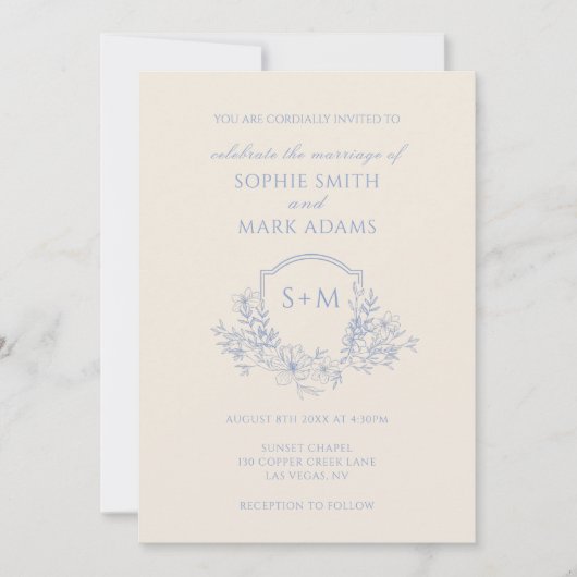 Minimalist Monogram Initial Crest Floral Wedding Einladung (Vorderseite)