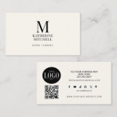 Minimalist Monogram Luxury Black/Ivory Logo QR Visitenkarte (Vorne/Hinten)