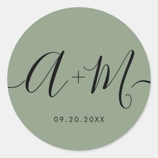 Minimalist Monogram Script Custom green Wedding Runder Aufkleber (Vorderseite)