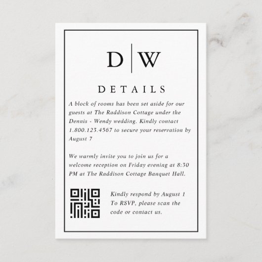 Minimalist Monogram Wedding QR Code Enclosure Card Begleitkarte (Vorderseite)