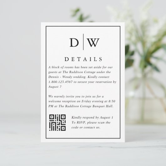 Minimalist Monogram Wedding QR Code Enclosure Card Begleitkarte (Stehend Vorderseite)