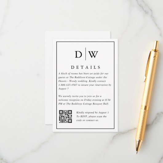 Minimalist Monogram Wedding QR Code Enclosure Card Begleitkarte (Vorderseite/Rückseite Beispiel)