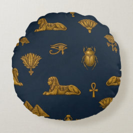 Minimalist Navy & Antique Gold Egyptian Pattern Rundes Kissen